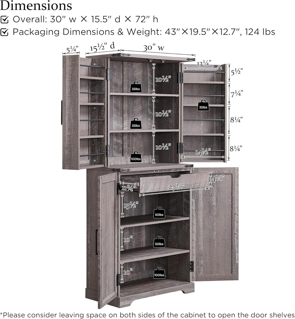 47" Kitchen Pantry, Farmhouse Storage Cabinet with Barn Doors, Organizer and Adjustable Shelves, Rustic Wood Cupboard for Kitchen, Dining Room, Bathroom and Hallway, Black