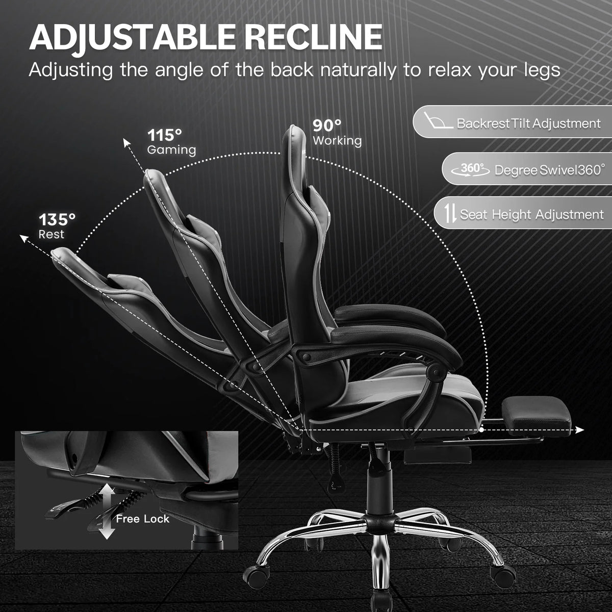 JONPONY Big and Tall Gaming Chair, Ergonomic Design, Gamer Chair PU Leather with Footrest and Lumbar Support, High Back Office Chair Support 8 Hours Long Sitting, Computer Chair,Black Grey