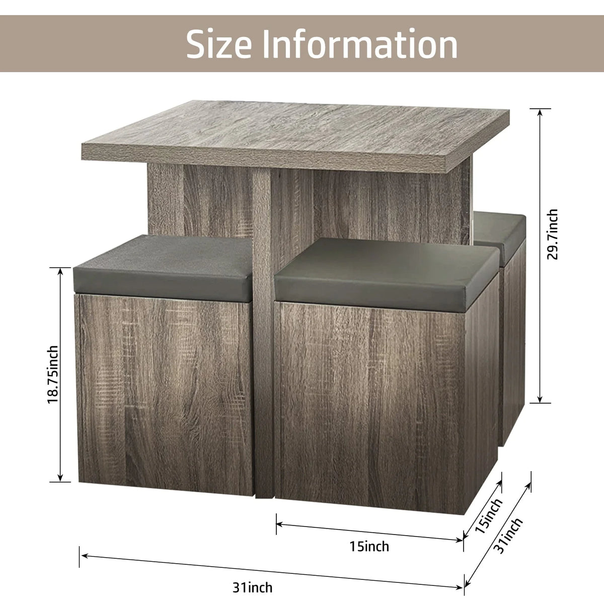 SUGIFT 5-Piece Dexter Dining Set with Storage Ottoman, Taupe