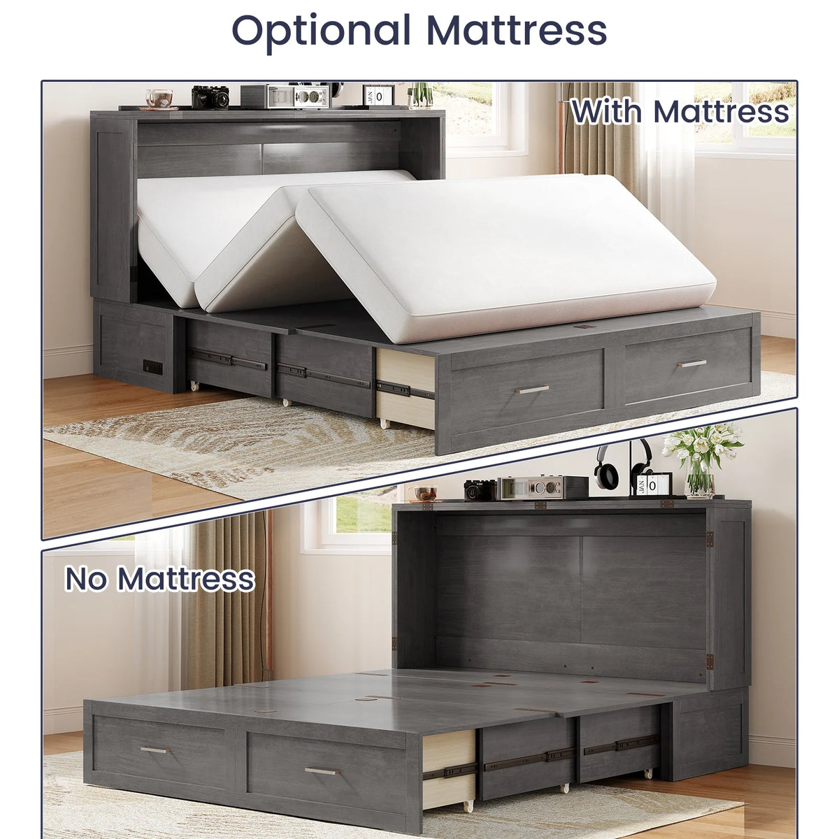 ZAFLY Murphy Bed with Trifold Foam Mattress, Cabinet Bed has USB Charging Station, Convertible Bed with Storage Platform, Cabinet Chest Bed with Large Drawers for Living Room/Bedroom (Grey)