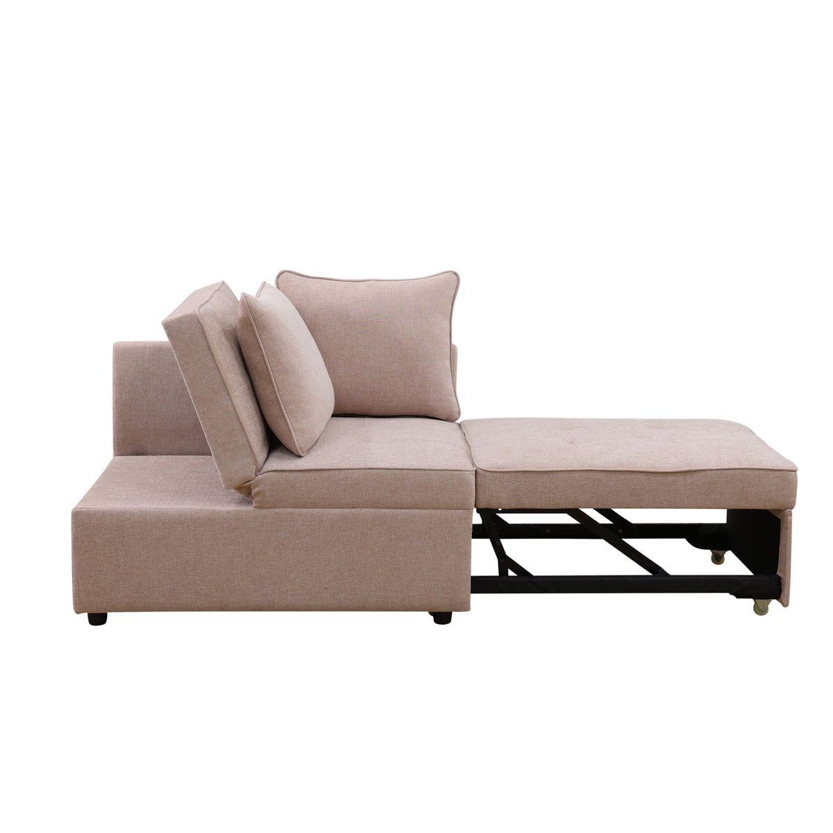 Aukfa 71" Convertible Chaise Futon Pull Out Sofa Chair Bed, Adjustable Backrest, 2 Pillows, Linen, Pink