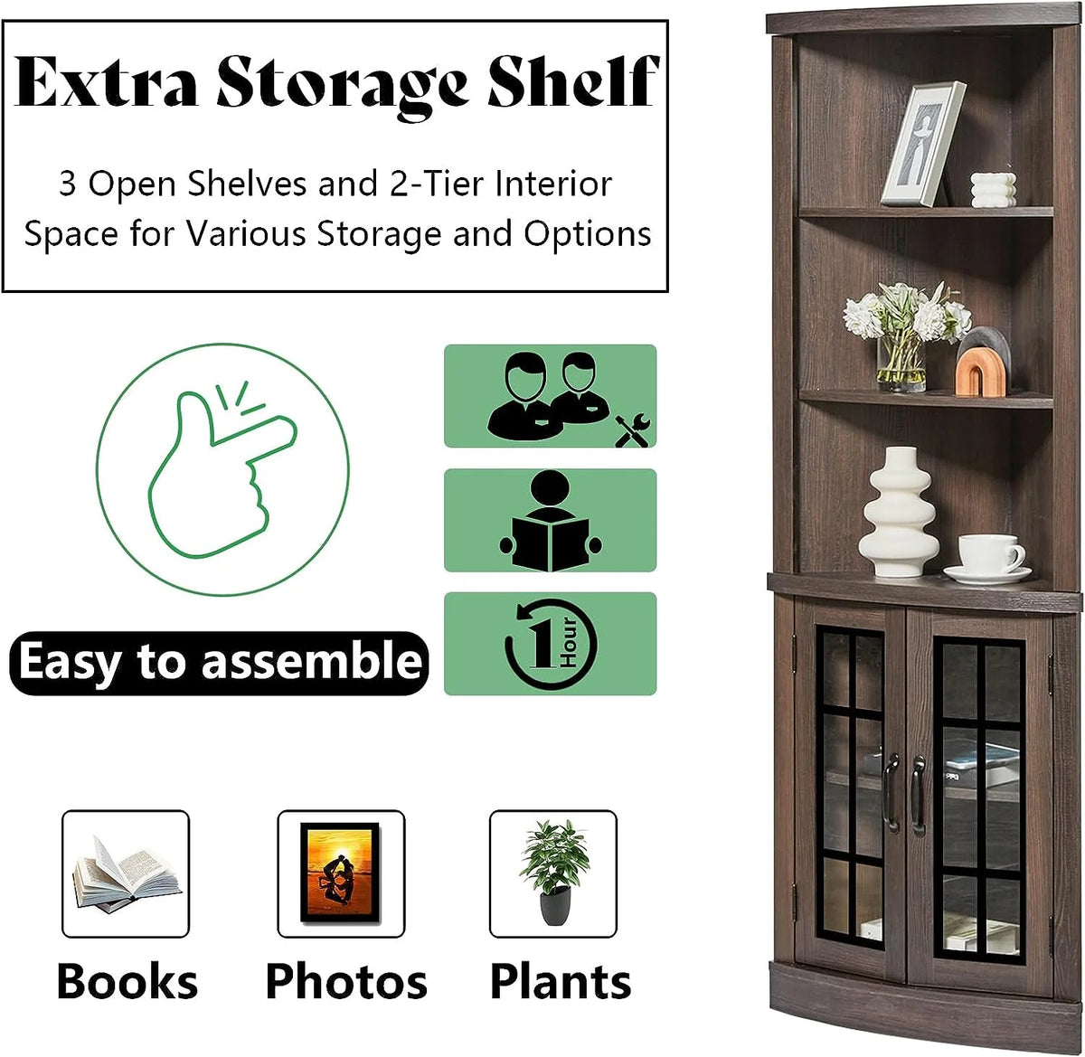 Merluxy Curved Corner Cabinet, 65" Wood Bookcase with 3 Shelves, Distressed White
