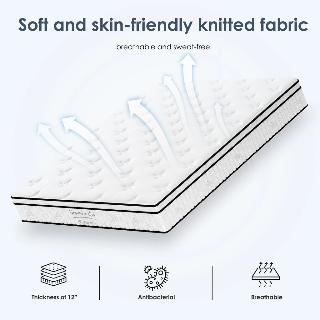 12 Inch Hybrid Queen Mattress - Medium Firm Support, Pocket Coils & Pressure Relief, Hypoallergenic Bed-in-a-Box