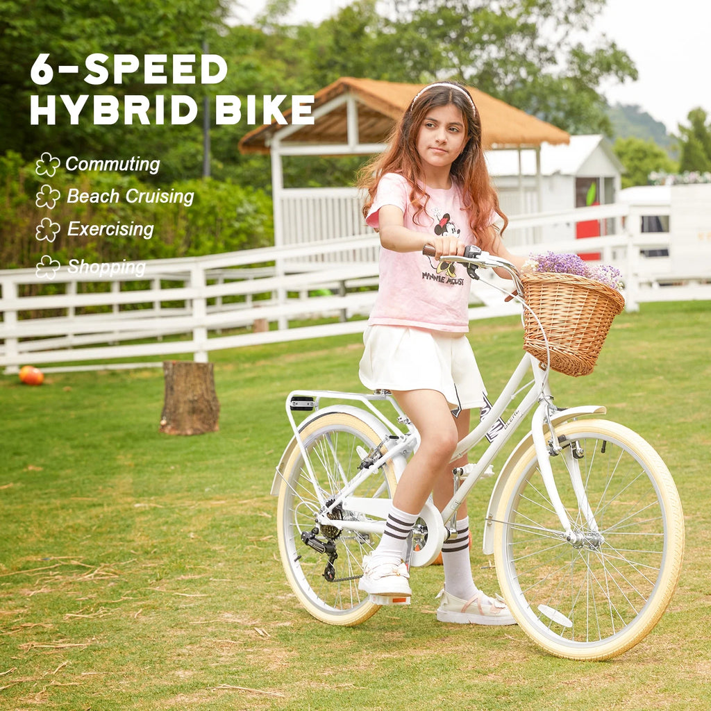 Glerc Missy 24" Girls Cruiser Bike 6-Speed Women's Hybird Bicycle for Ages 7-11 Years, Mint Green