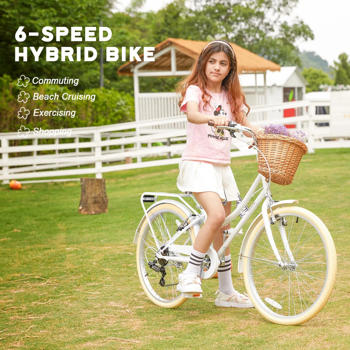 Glerc Missy 24" Girls Cruiser Bike 6-Speed Women's Hybird Bicycle for Ages 7-11 Years, Mint Green