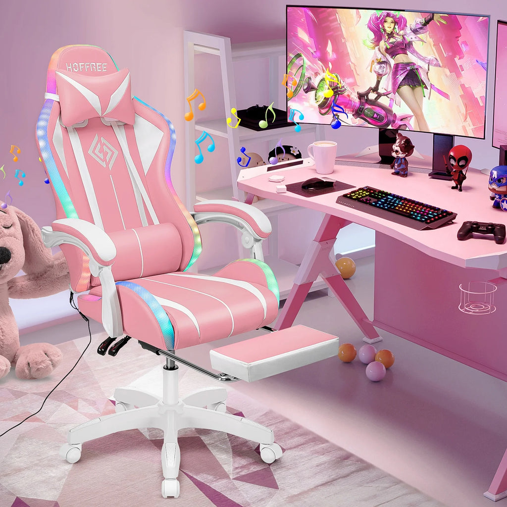 Hoffree Gaming Chair with Bluetooth Speakers and Footrest Massage Office Chair with LED Lights Ergonomic Game Chair High Back with Lumbar Support and Headrest Adjustable Swivel for Adults 300lb