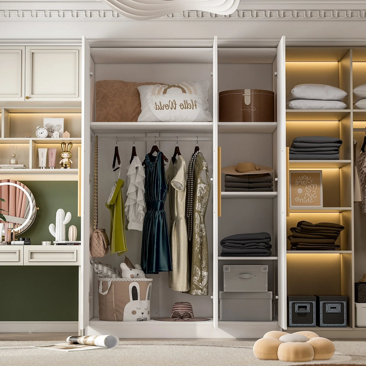 FUFU&GAGA Wardrobe Armoire Wooden Closet Cabinet 6 Storage Cube and Hanging Rod White