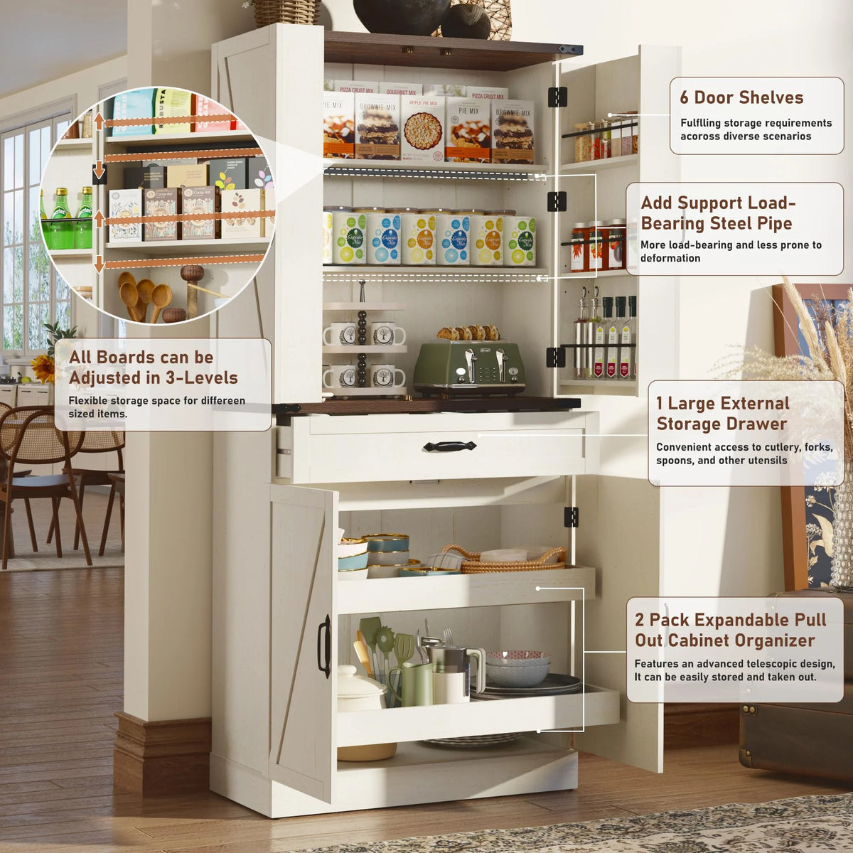 71" Tall Farmhouse Kitchen Pantry with 12 Side Shelves & Adjustable Shelves, 5 Layers Pantry Storage Cabinet w/Load-Bearing Steel Pipe & 4 Barn Doors for Kitchen, Dining Room, Living Room, Brown