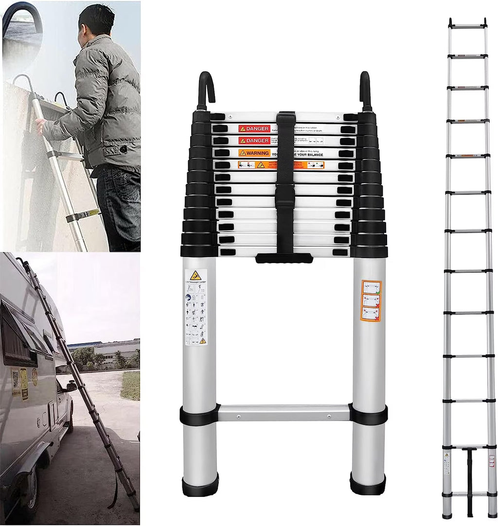 Jupiter Multi-Purpose Telescoping Extension Ladder with 2 Detachable Hooks, 20 ft, Aluminum Silver
