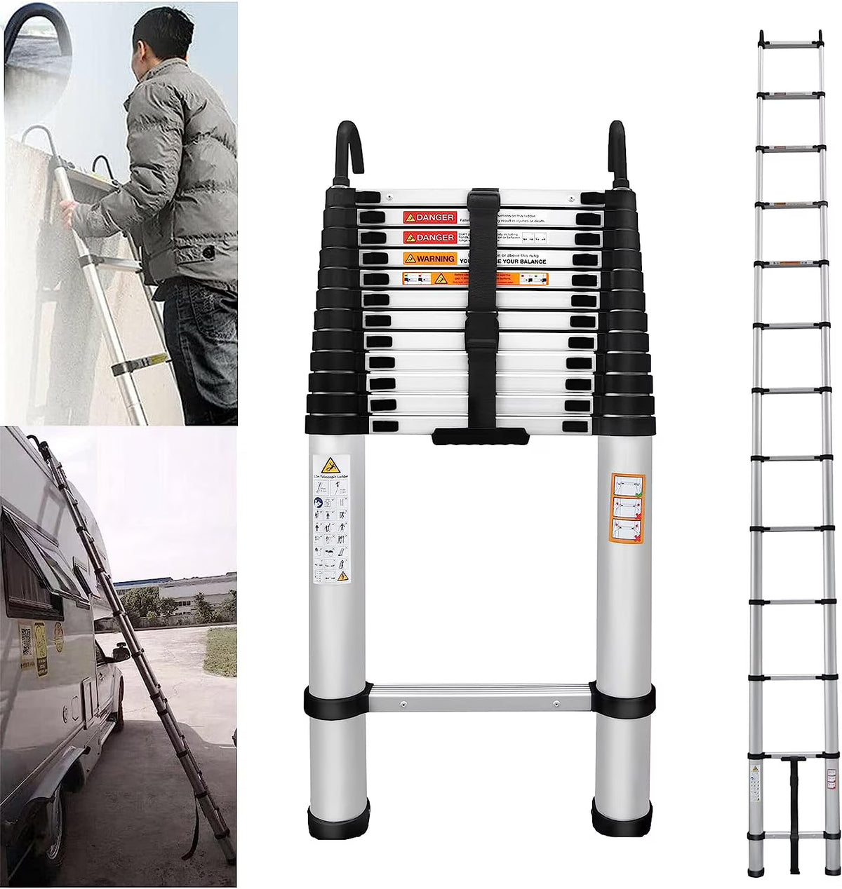 Jupiter Multi-Purpose Telescoping Extension Ladder with 2 Detachable Hooks, 20 ft, Aluminum Silver