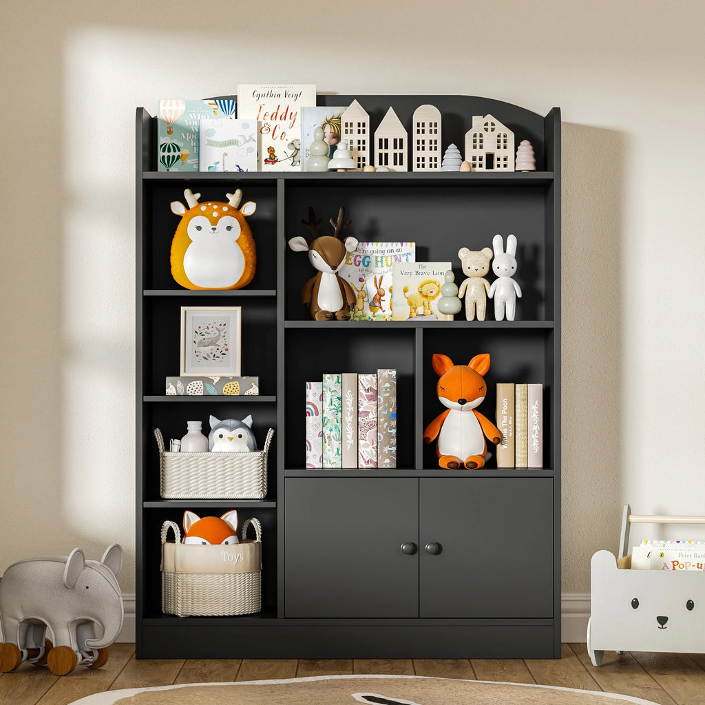 DIYART White Kids Bookshelf, Kids Bookcase with 7 Cubbies and 2 Cabinets, Freestanding Book Storage Shelves for Bedroom, Playroom, Hallway