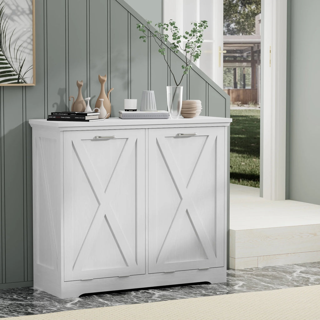 Tolead Double Tilt Out Trash Cabinet, Wooden Free Standing Laundry Sorter Cabinet, with Hideaway Drawer, White