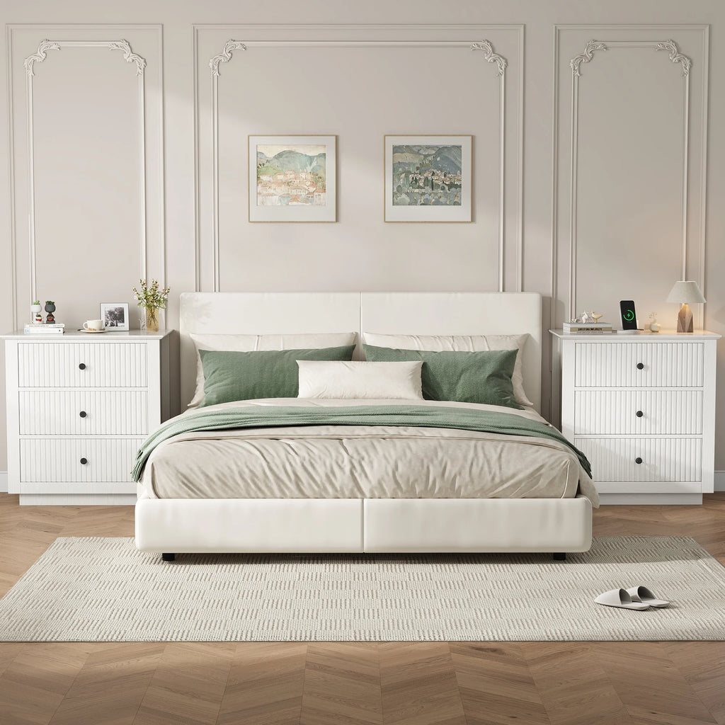 IDEALSOUL Nightstand Set of 2, 24" Wide End Table with Storage, Fluted Nightstand with USB Charging Station, Large 3 Drawers nightstand for Bedroom Living Room(2pc, White)