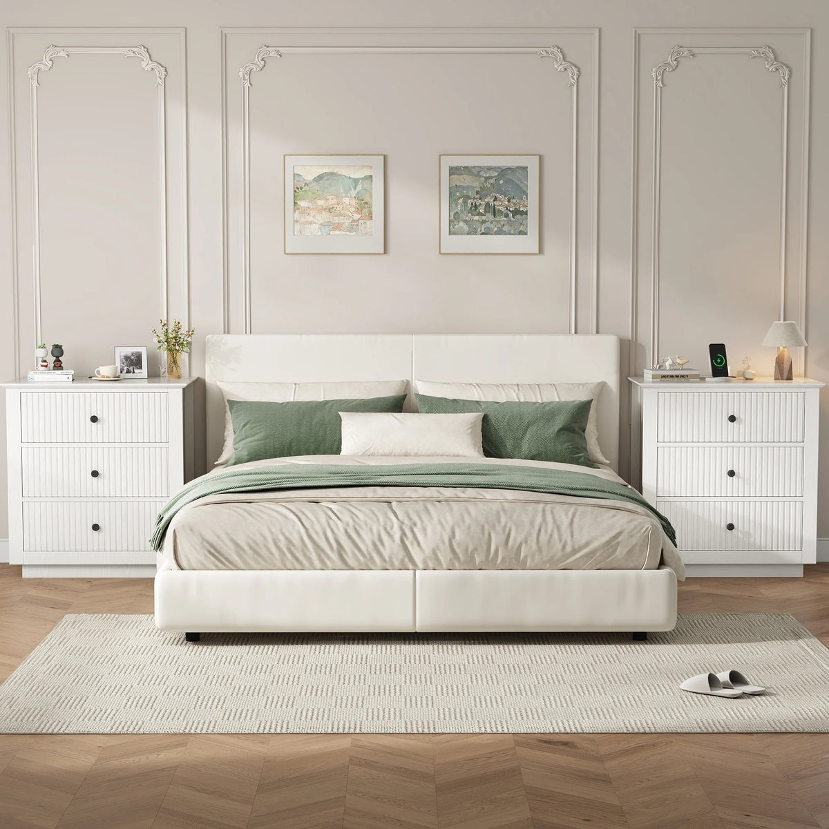 IDEALSOUL Nightstand Set of 2, 24" Wide End Table with Storage, Fluted Nightstand with USB Charging Station, Large 3 Drawers nightstand for Bedroom Living Room(2pc, White)