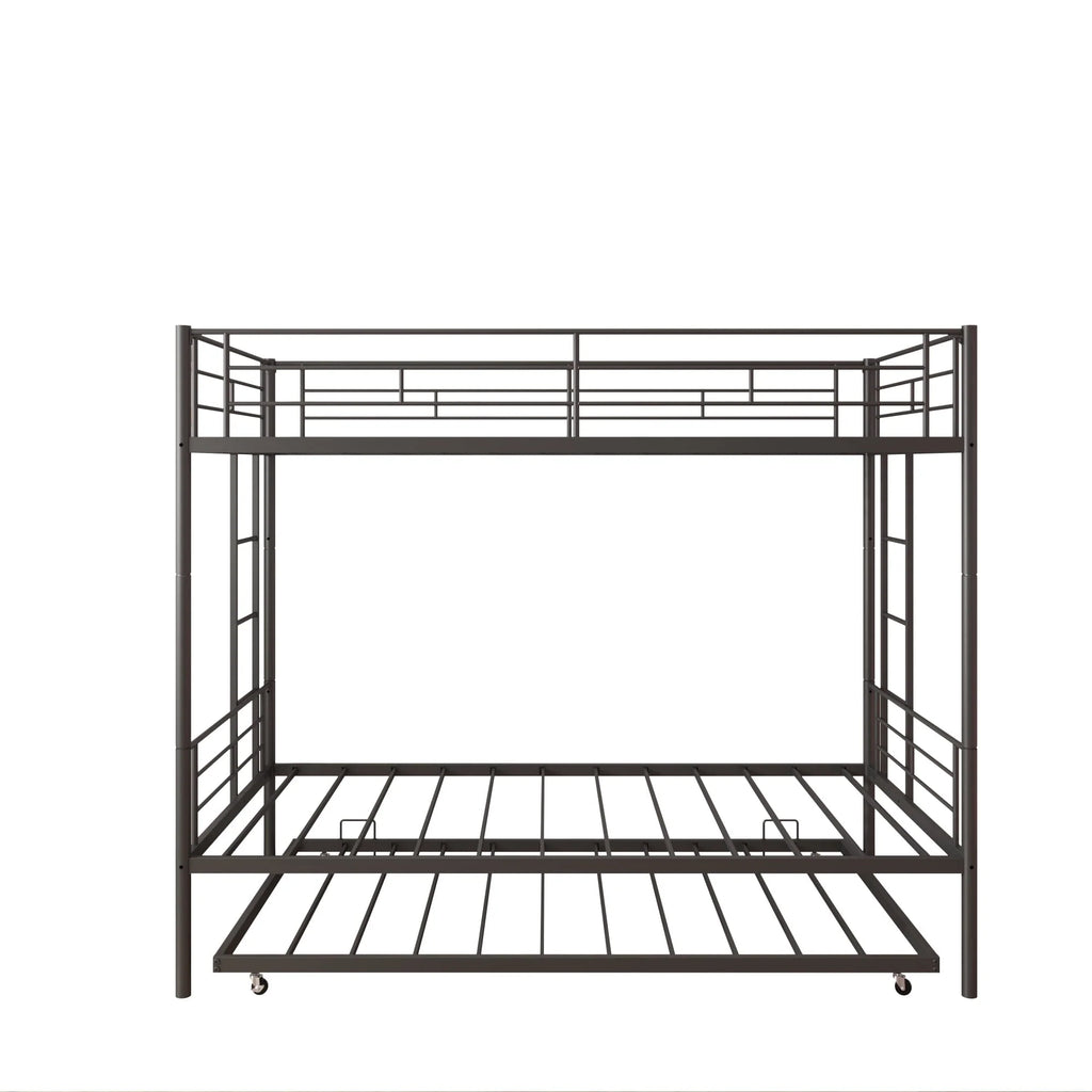 Seizeen Bunk Bed Twin Over Twin Size, Metal Triple Bunk Bed with Trundle, Black Heavy Duty Bunk Bed Frame Per Bed Up to 400LBS, 2 Side Ladders and All-round Safety Guard Rails