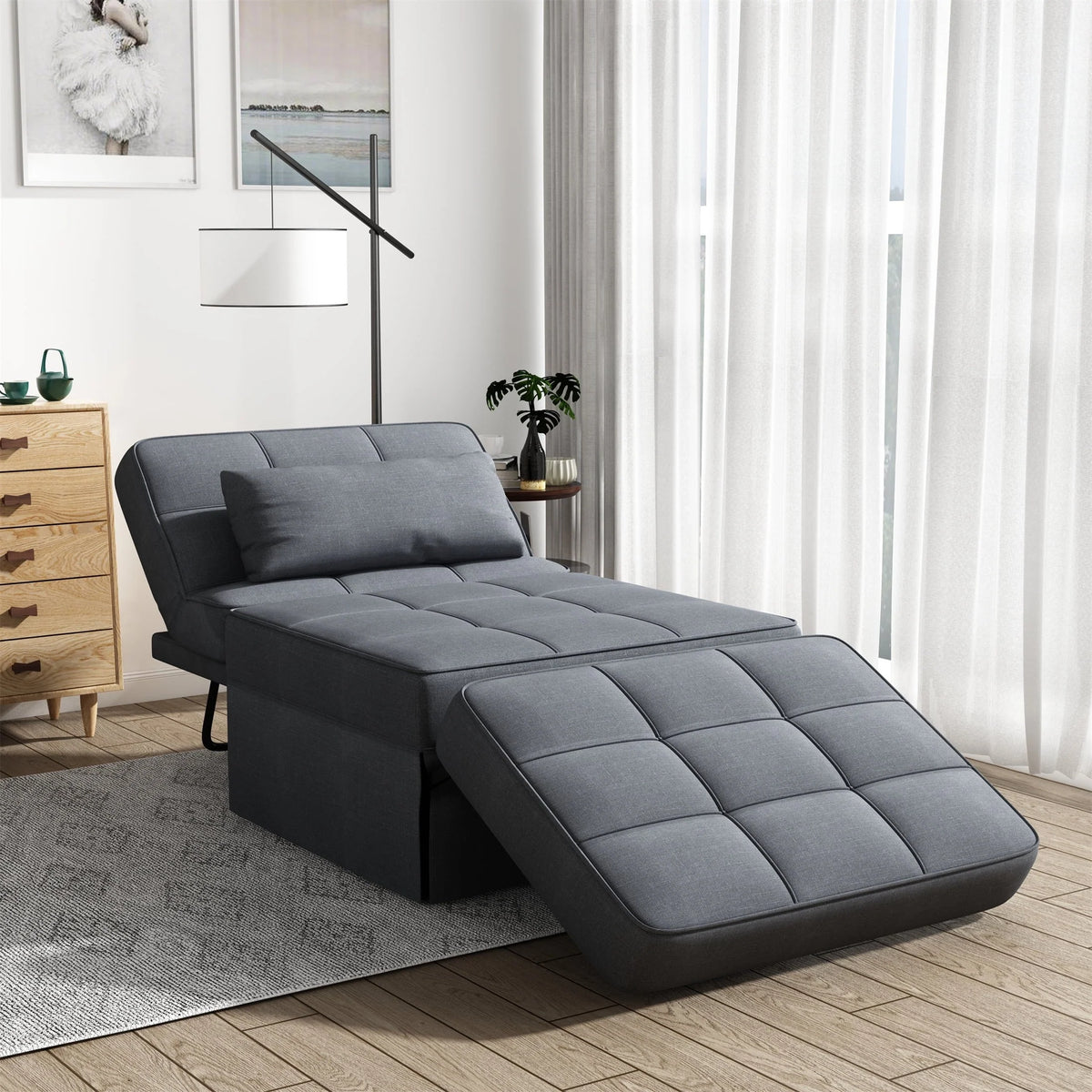 Aukfa 36" Wide Folding Chaise Futon Convertible Sofa Bed, Ottoman, Adjustable Backrest, Linen, Gray
