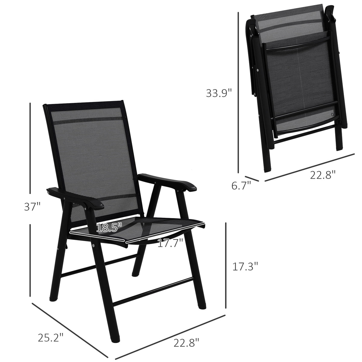4 Patio Folding , Stackable Outdoor Sling Chairs With For Lawn, Camping, Dining, Beach. Metal Frame, No Assembly, Black. 22.87" L X 25.15" W 37" H, 242 Lbs Load-supporting Ability Frame Structure,