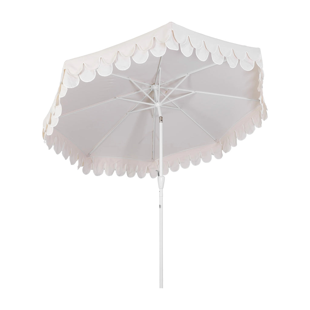 JONATHAN Y Tracy 9 ft. Market Patio Umbrella, Classic Mid-Century Scalloped Fringe, with Auto-Tilt Crank, Wind Vent and UV Protection, Coral Pink/White, Dark Brown Pole