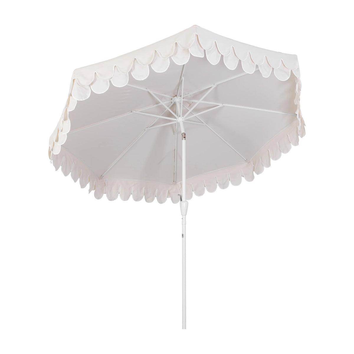 JONATHAN Y Tracy 9 ft. Market Patio Umbrella, Classic Mid-Century Scalloped Fringe, with Auto-Tilt Crank, Wind Vent and UV Protection, Coral Pink/White, Dark Brown Pole