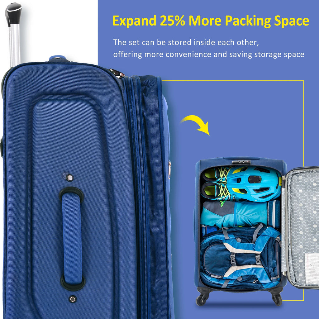 EUROCO 3 Piece Softside Luggage Set,Expandable Suitcase Set with TSA Lock and Spinner Wheels,Lightweight Suitcase for Men Women(20",24",28"),Black