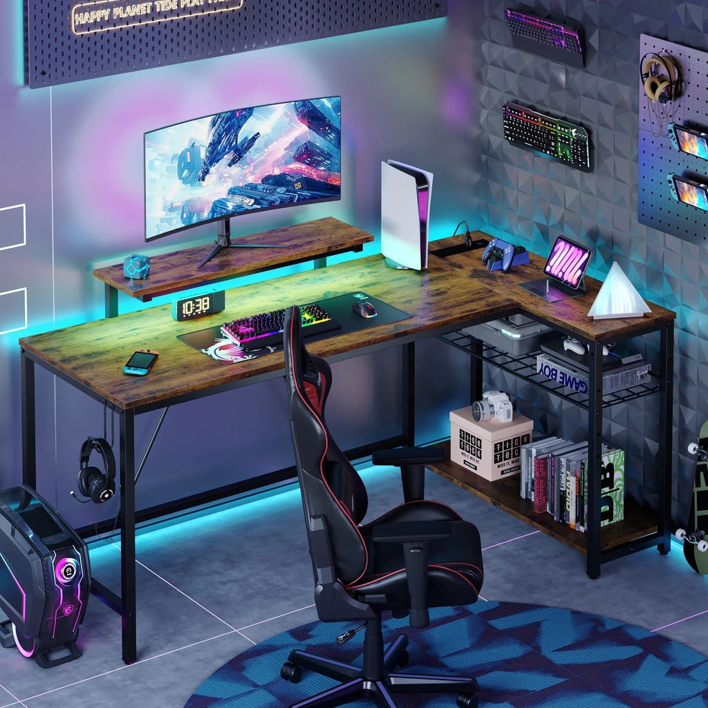 Bestier 52" Gaming Desk with LED Lights L Shaped Desk with Power Outlet & Monitor Stand Corner Computer Desk in Carbon Fiber