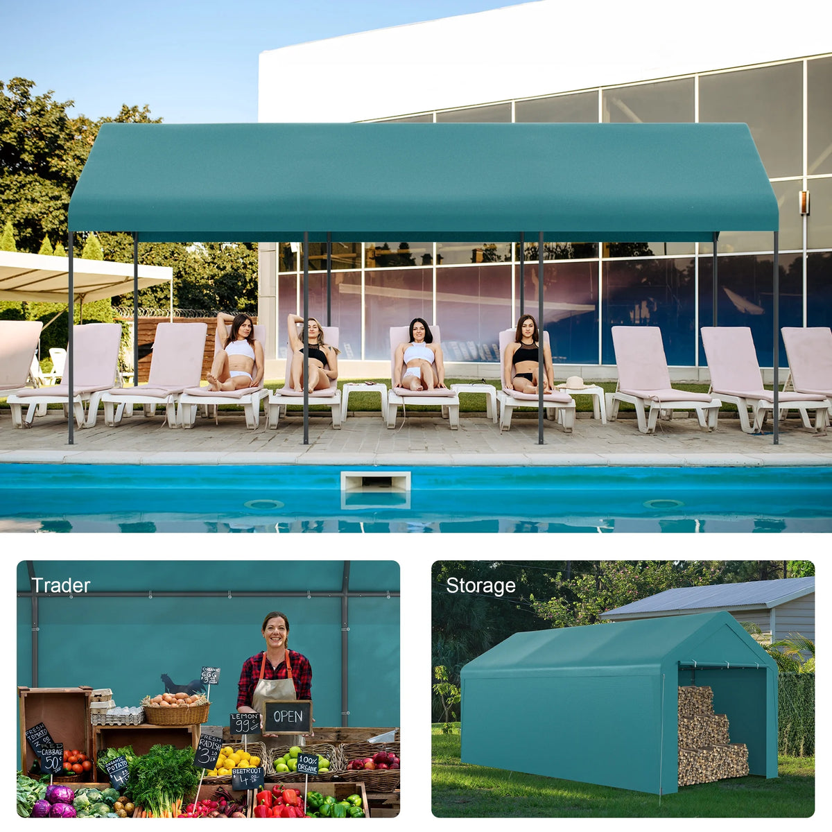 GOJOOASIS Carport, 10 x 20 Heavy Duty Carport Canopy with Removable Sidewall, Water-Resistant Portable PE Garage with All-Season Tarp Beige