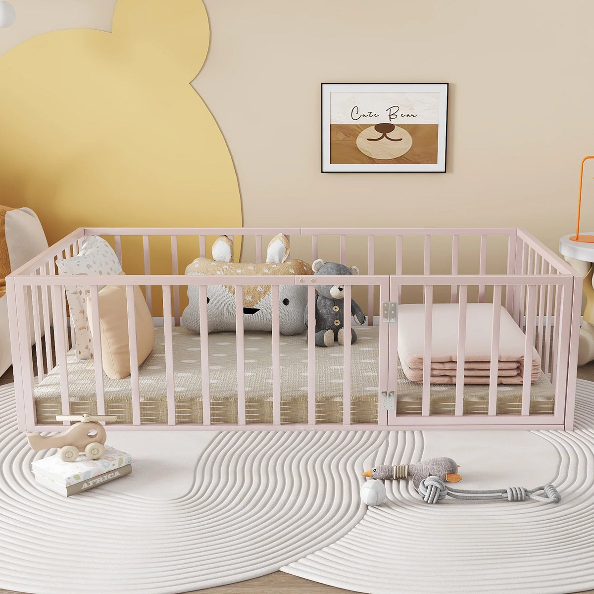 Bellemave Full Size Bed Frame, Full Montessori Bed with Safety Guardrails and Detachable Fence, Wood Full Daybed Frame, Low Profile & Rounded Corners Design, Natural