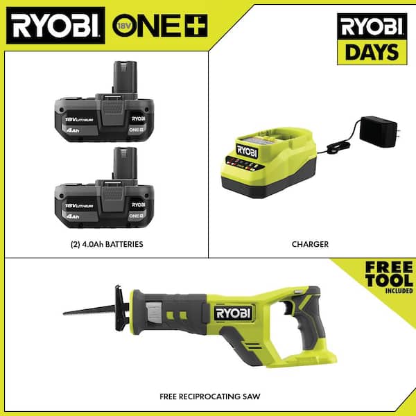ONE+ 18V Lithium-Ion 4.0 Ah Compact Battery (2-Pack) and Charger Kit with FREE Cordless ONE+ Reciprocating Saw