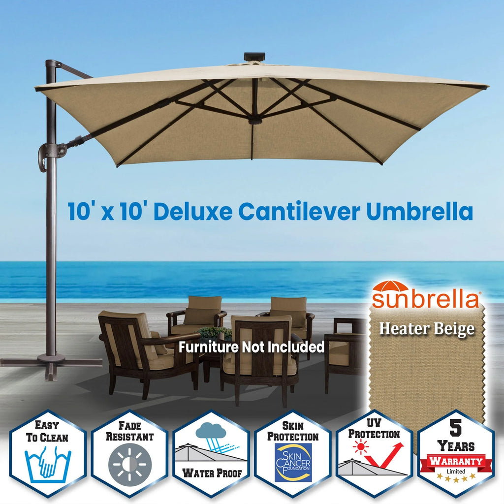 SUNRISEUMBRELLA Square 10'x10' Deluxe Roma square cantilever umbrella, With LED light(Heather Beige)
