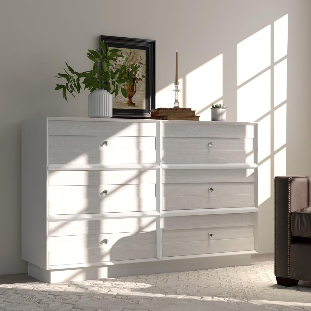 Heynemo Beige 6 Drawer Dresser, Fluted Modern Wood Chest