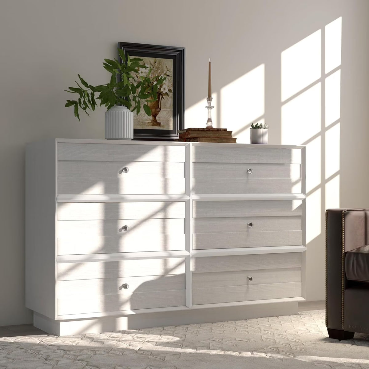 Heynemo Beige 6 Drawer Dresser, Fluted Modern Wood Chest
