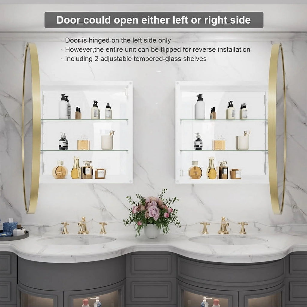 WallBeyond Bathroom Medicine Cabinet with Round Mirror Aluminum Framed 28", Gold