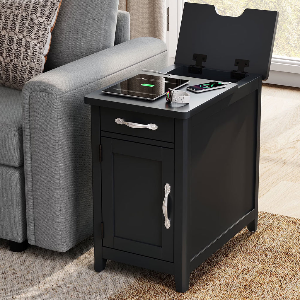 LINSY HOME End Tables for Living Room with Charging Station, Nightstand for Bedroom with Drawer and Detachable Holder,Washed Grey & Brown