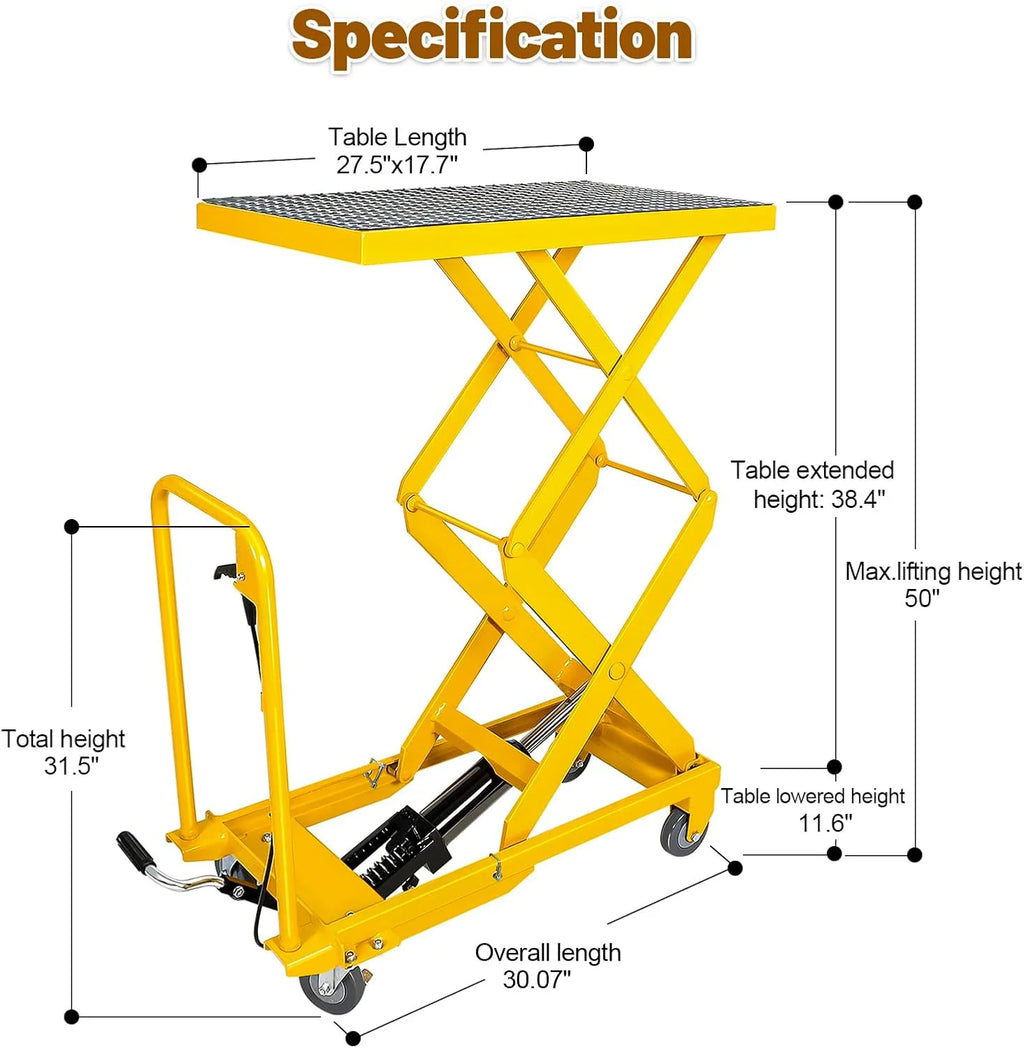 Hydraulic Lift Table Cart 500 lbs Manual Double Scissor Lift Table 50"