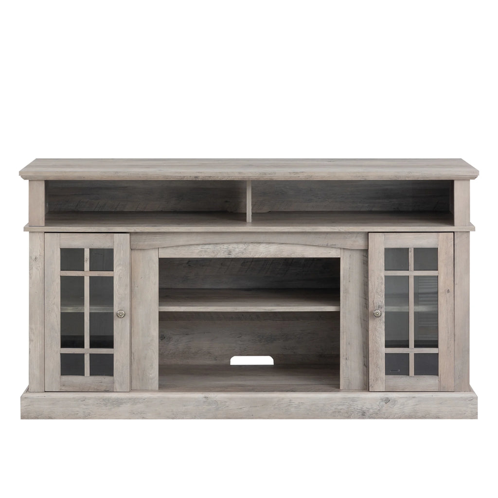 Electric Fireplace TV Stand for 65" TV, Farmhouse TV Stand for Living Room with Adjustable Shelves and Glass Doors, Media Console with Wireless Remote Control Virtual Flame Fireplace, Gray