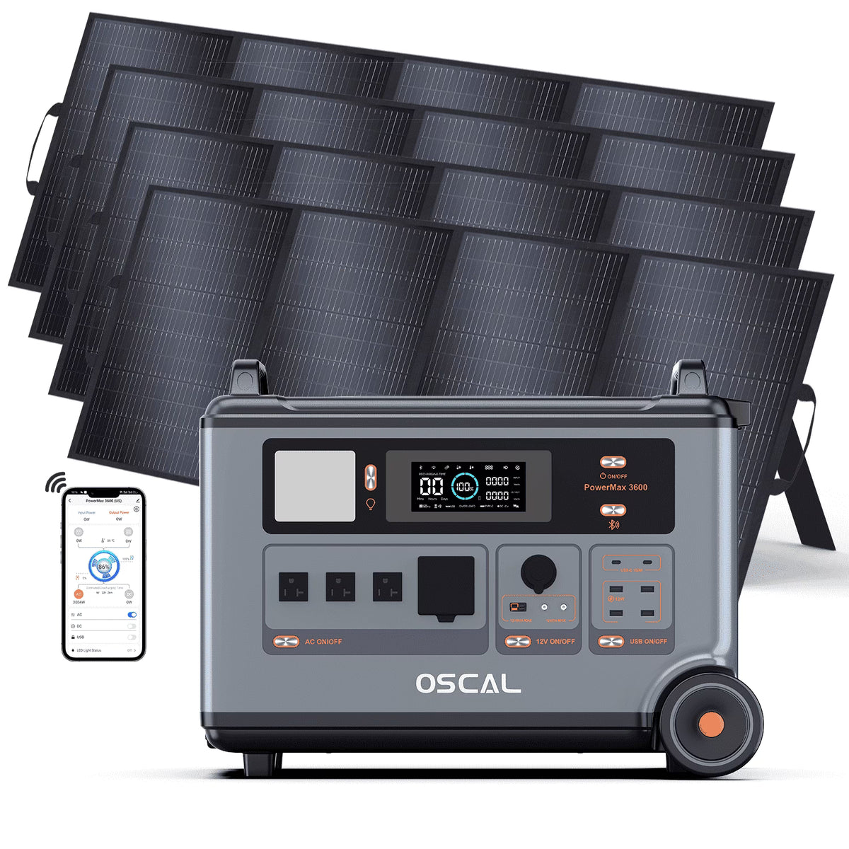 OSCAL P6000 Solar Generator with 4��400W Solar Panels, 6000W 120V/240V Dual Voltage Power Station, 3600Wh LiFePO4 Battery (Expandable to 57.6kWh), 2200W Fast Charging, Home Backup & RV Use