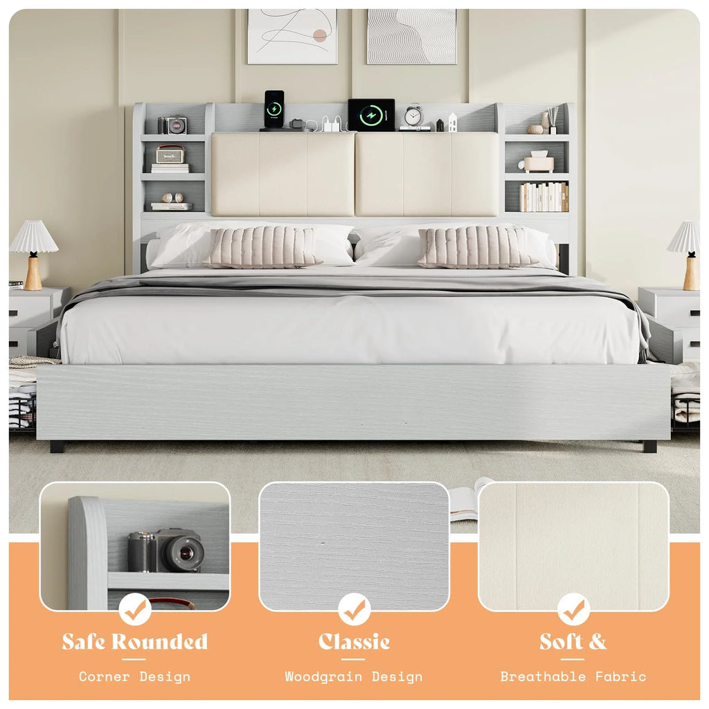 PLAUIN King Size Bed Frame with Storage Drawers, 47.2" Headboard and Wooden Platform, Grey