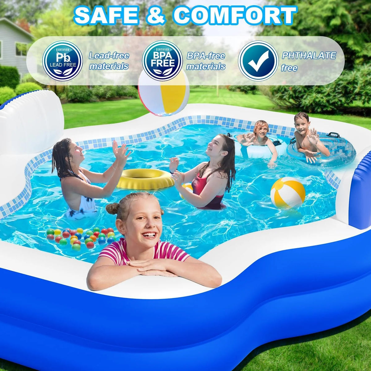 Large Inflatable Swimming Pool for Kids Adults, 121" X 90" X 22" Oversized Thickened Kiddie Pools Family Blow-Up Pool with Pump Seat, Inflatable Pools for Garden, Backyard, Indoor Outdoor Water Party
