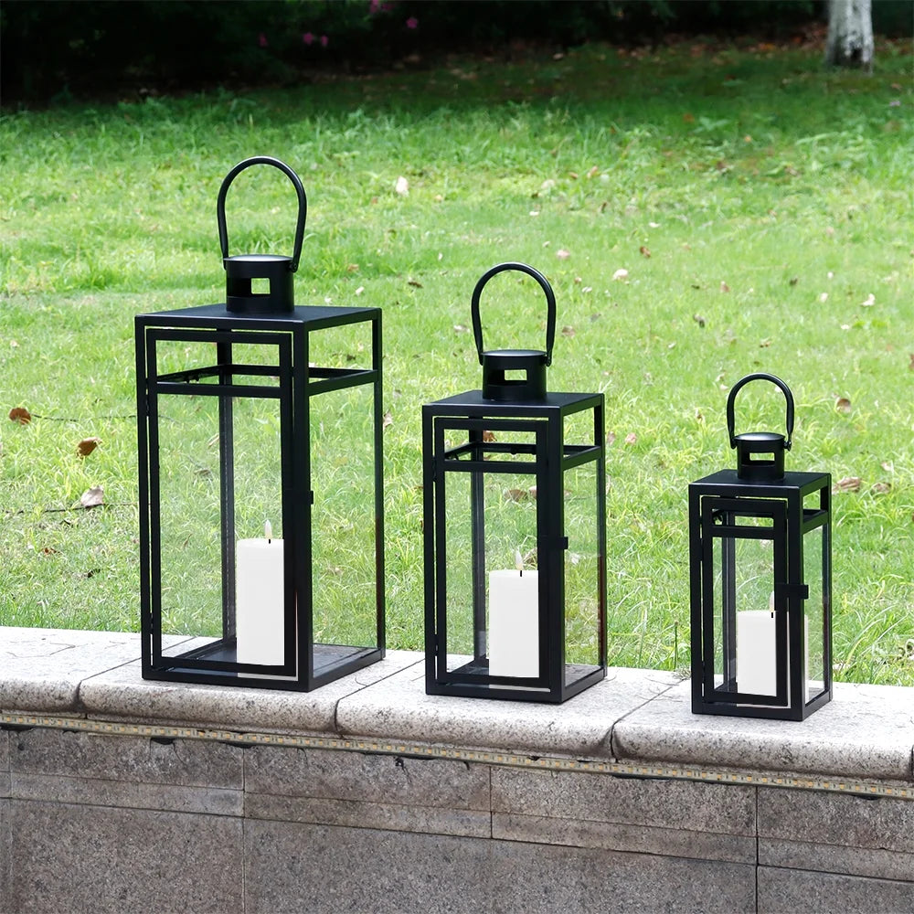Stainless Steel Lantern Set of 3 12/15/19" Metal Lanterns with Tempered Glass for Parties & Events (Silver )