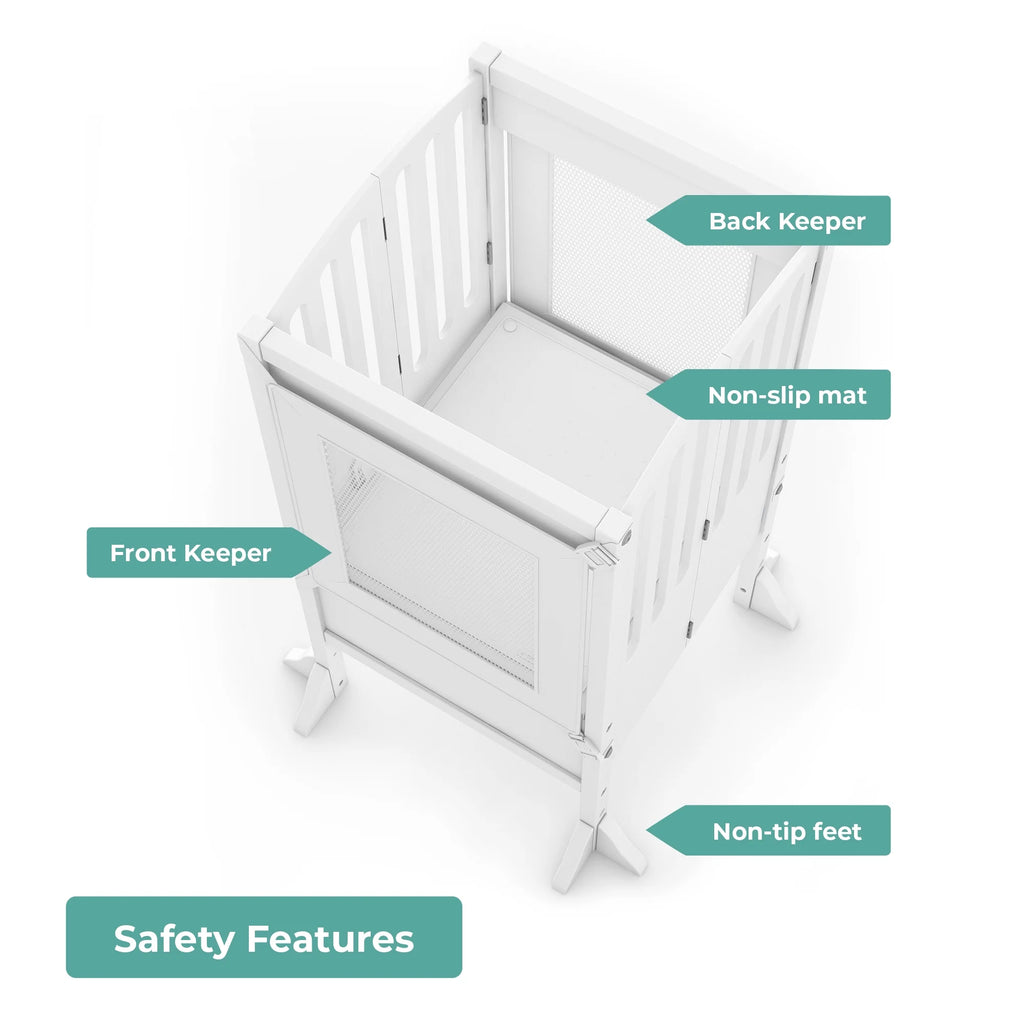 Guidecraft Contemporary Kitchen Helper Step Stool - White: Adjustable, Folding Montessori Toddler Tower - Safety Learning Furniture