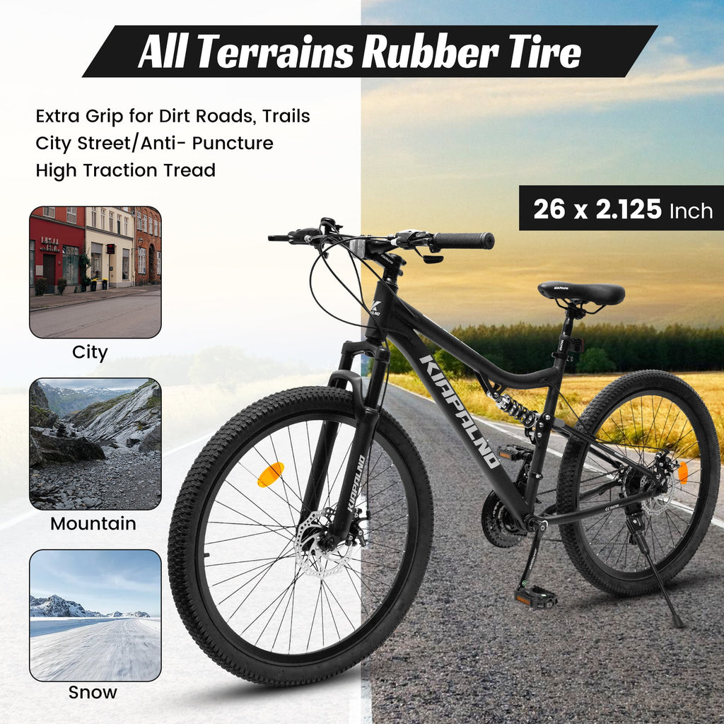 26 Inch Mountain Bike Dual Full Suspension, Shimano 21-Speed Mountain Bicycle with Dual Disc Brakes and Carbon Steel Frame, Trail Beach Snow Commuter City Bike for Adult Men Women, Black
