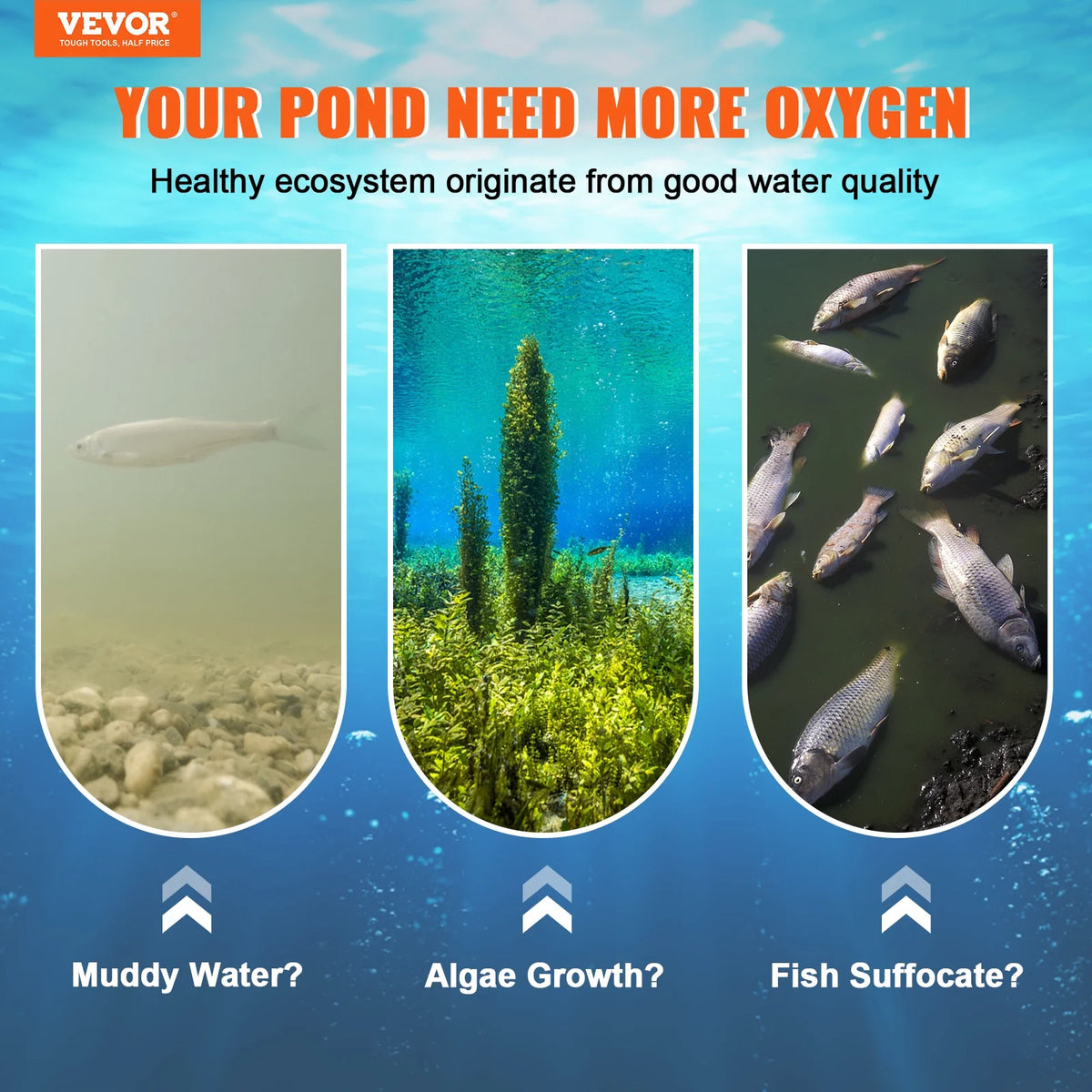 VEVOR Pond Aerator,550W Power, 5.2CFM for Up to 3 Acre 50' Lake,Pond Aeration Kit Includes 3/4 HP Compressor & 2 100' Weighted Tubings & 2 Diffusers,Air Compressor for Deep Water Oxygen Circulation