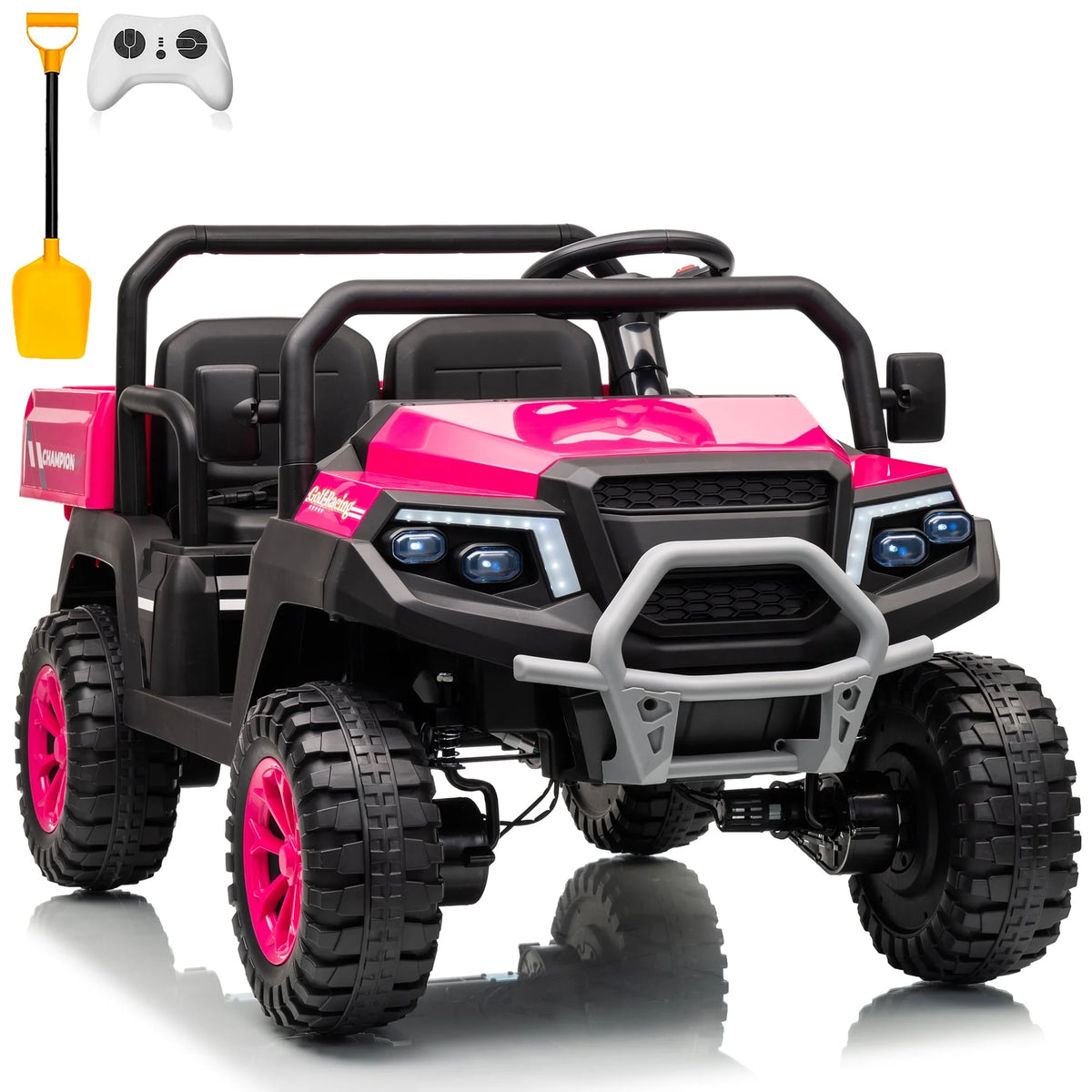 Joyracer 4WD 24 Volt Ride on Toys UTV with 2 Seater & Remote Control, Kids Electric Golf Cart w/ 4x200W Power Motors, Tiltable Trailer & Shovel, 4 Wheels Spring Suspension, Bluetooth USB Music, Black