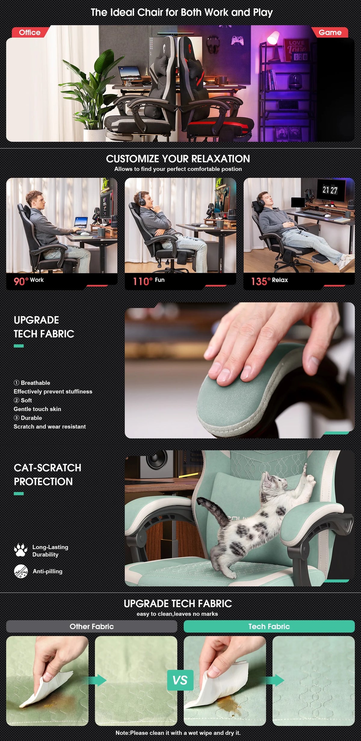 Douxlife Massage Gaming Chair, Spring Cushion, Breathable Fabric Gaming Chair with Footrest, Ergonomic Computer Chair for Adults & Kids