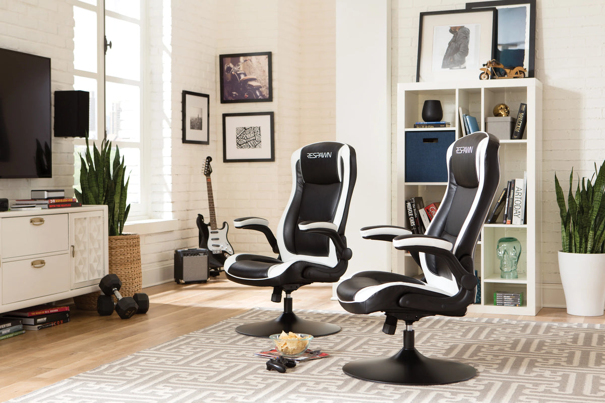 RESPAWN 800 Swivel Rocker Gaming Chair - Ergonomic Floor Gaming Seat with Lumbar Support, Flip Up Armrest, High Back, Pedestal Base, Comfortable No Wheels Console Video Game Rocker Chair - Red