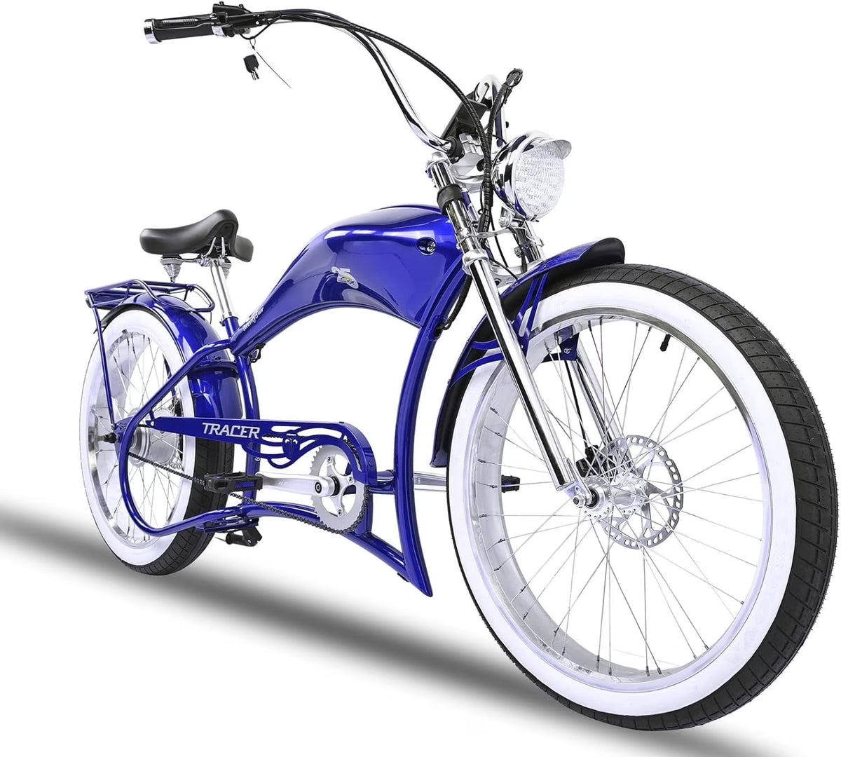 Twenty5 GT 800W Chopper Stretch Cruiser Ebike, 26" Wheels, Supsension Triple Tree Fork, White Wall Tire, Disc Brake, for Men, Blue