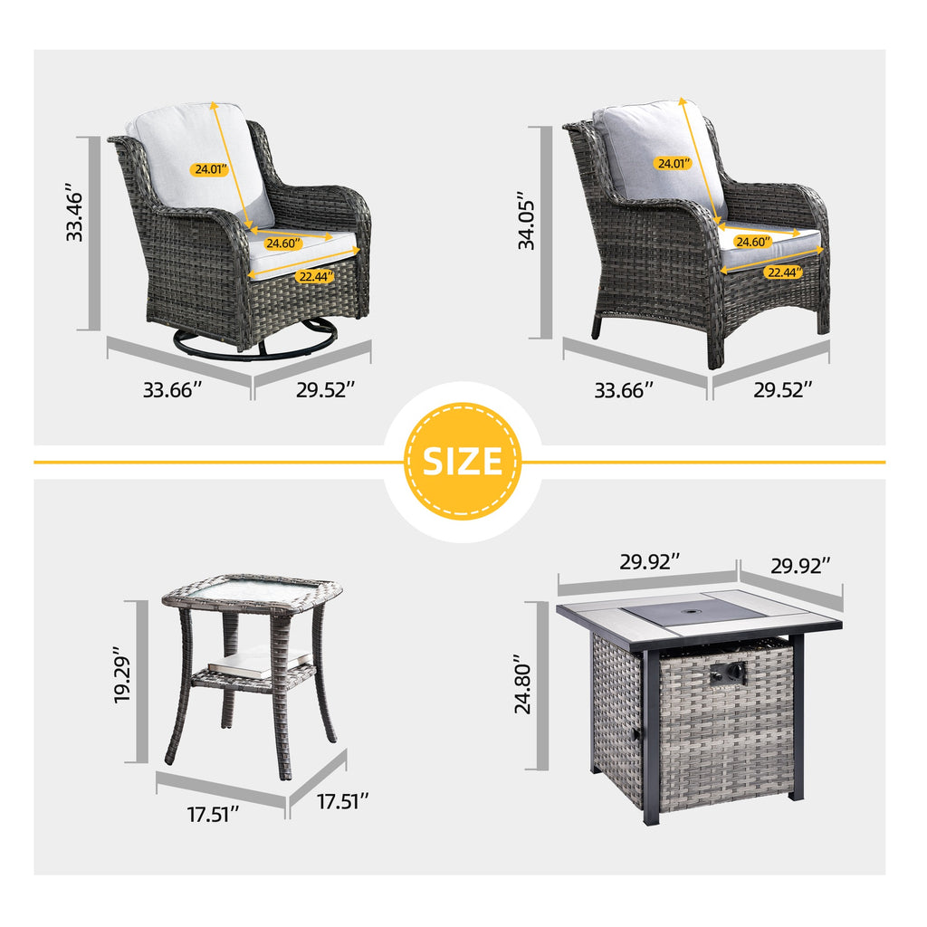 Ovios 6 Pieces Outdoor Furniture with CSA Fire Pit All Weather Wicker Patio Conversation Set with Single Chair for Porch