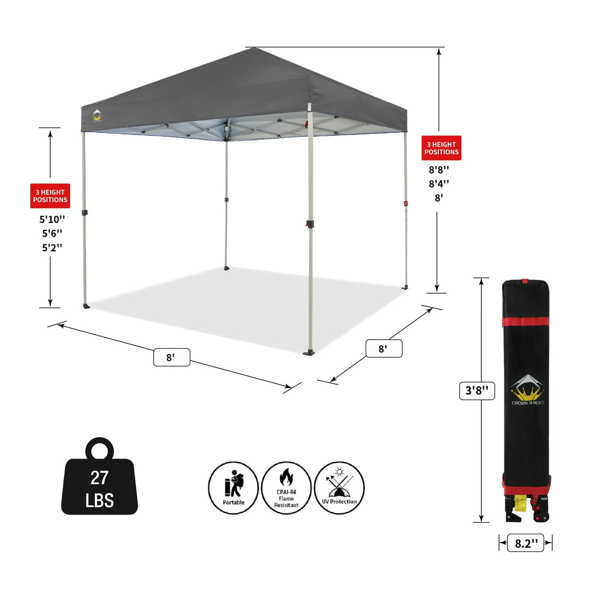CROWN SHADES 8x8 Pop Up Canopy with One Push Setup Easy Outdoor Sun Shade for Events Parties Camping Forest Green