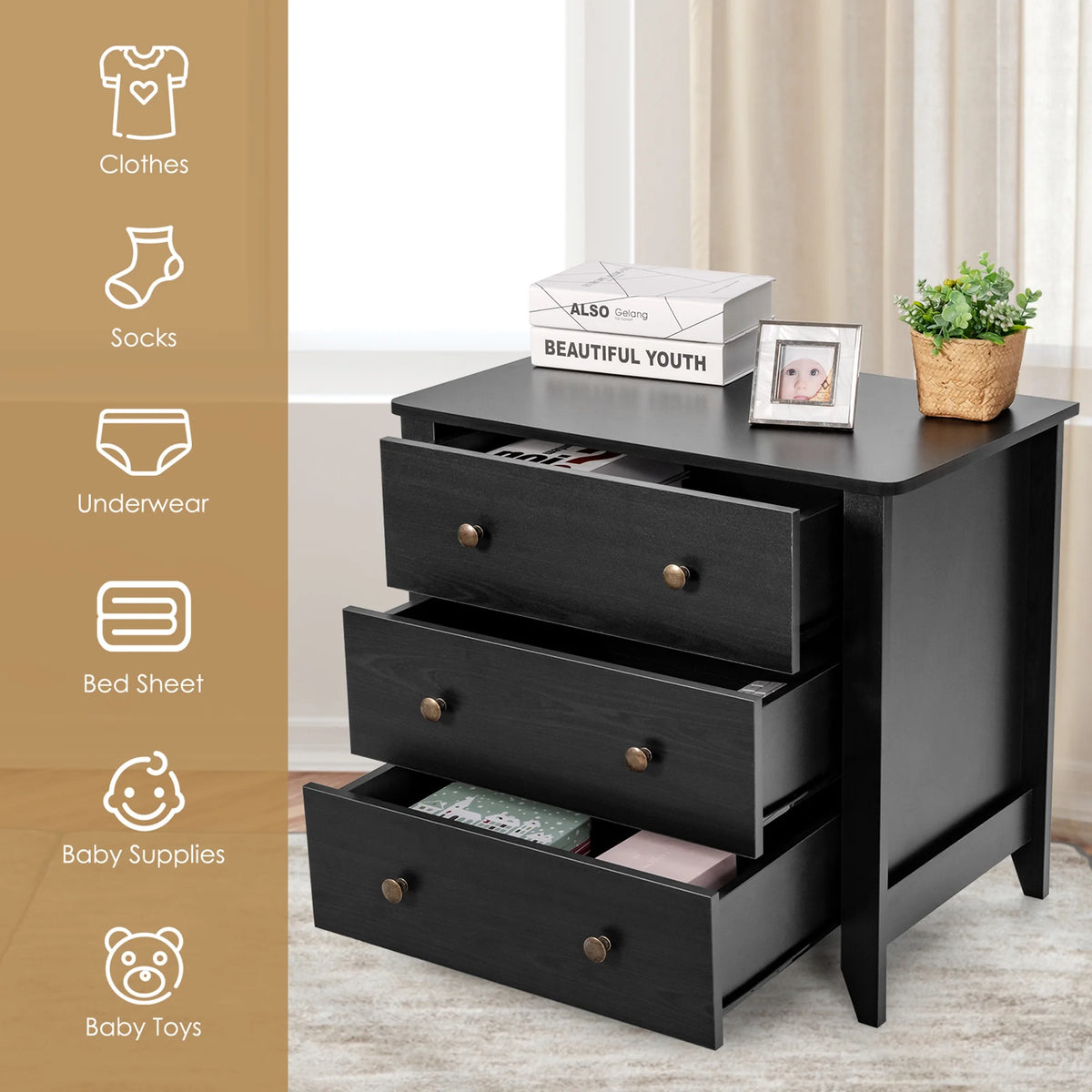 Gymax 3 Drawer Dresser Chest of Drawers Bedside Table for Living Room Bedroom Espresso