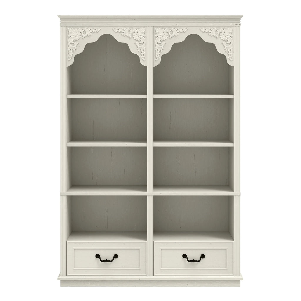 ModFusion 70" Distressed White Bookshelf with Adjustable Shelves and Two Drawers